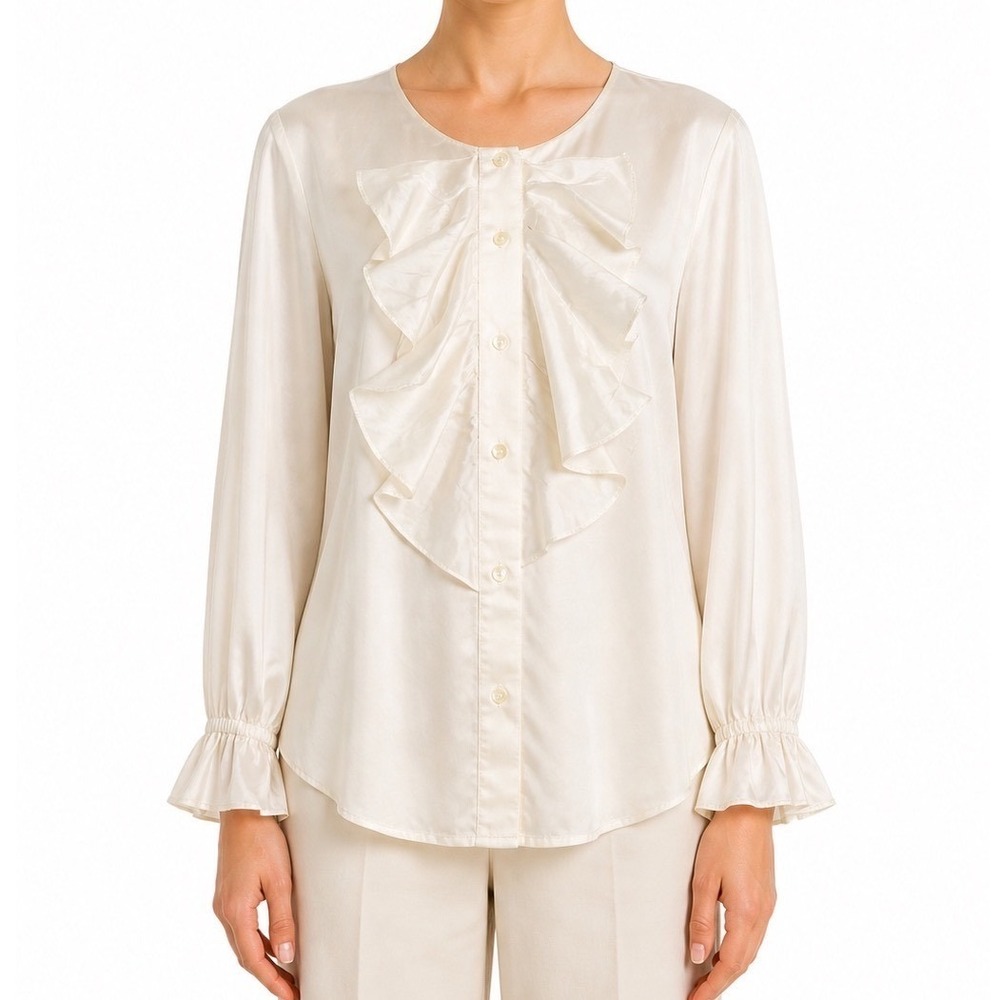 Rafaella 100% Silk Ruffle Long Sleeve Blouse Cream 12 Regency Elegant Semi Sheer